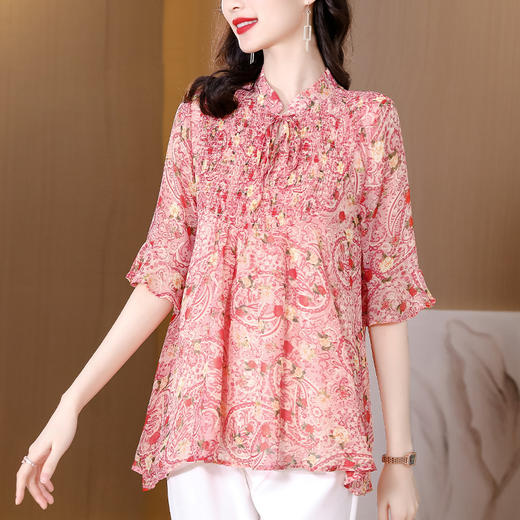 漂亮雪纺衫碎花中袖a字裙摆遮肚减龄漂亮小衫KQL-A51N3337 商品图0