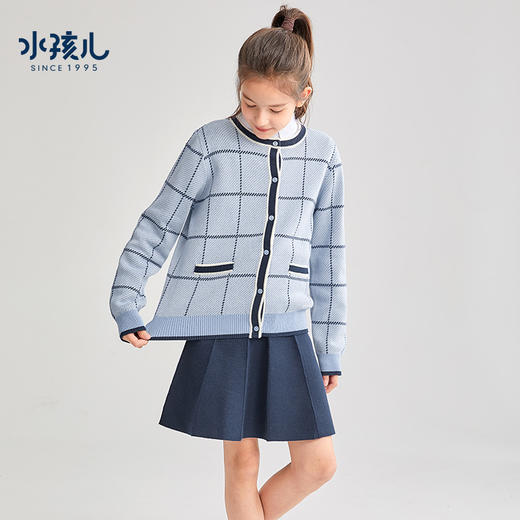 【新年装】水孩儿童装秋冬新款女童套裙小香风时尚格子针织外套柔软保暖百褶裙子 商品图3