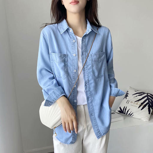 MOMMY KIKO 2024春款天丝莱赛尔蓝色薄款牛仔衬衫复古气质上衣-N2114 商品图1