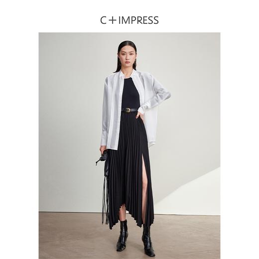 西嘉C+IMPRESS/西嘉桑蚕丝莫代尔长袖连衣裙女拼接小众设计开衩百褶裙LYQ2401092 商品图2