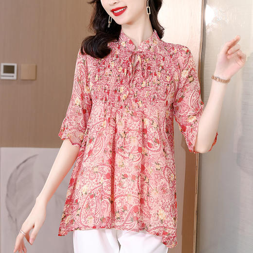 漂亮雪纺衫碎花中袖a字裙摆遮肚减龄漂亮小衫KQL-A51N3337 商品图1