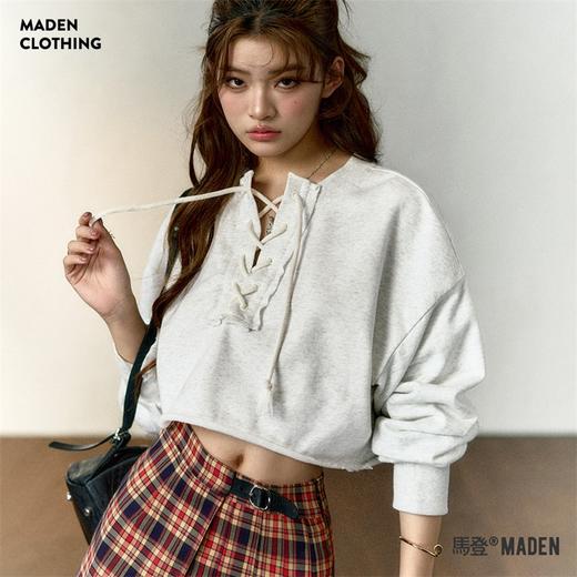 马登高腰短款卫衣春秋抽绳V领休闲宽松长袖甜酷上衣设计感小众女 商品图0