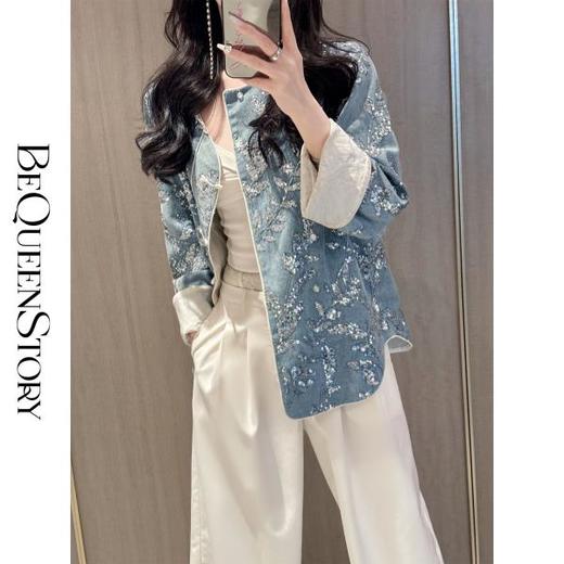 BeQueenStory【暗香浮动】新中式重工珠片绣斜门襟提花水洗牛仔外套 商品图2