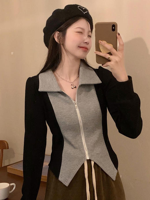 春秋新款【polo领打底衫】大码女装内搭T恤 胖mm显瘦 撞色长袖短款上衣 商品图1