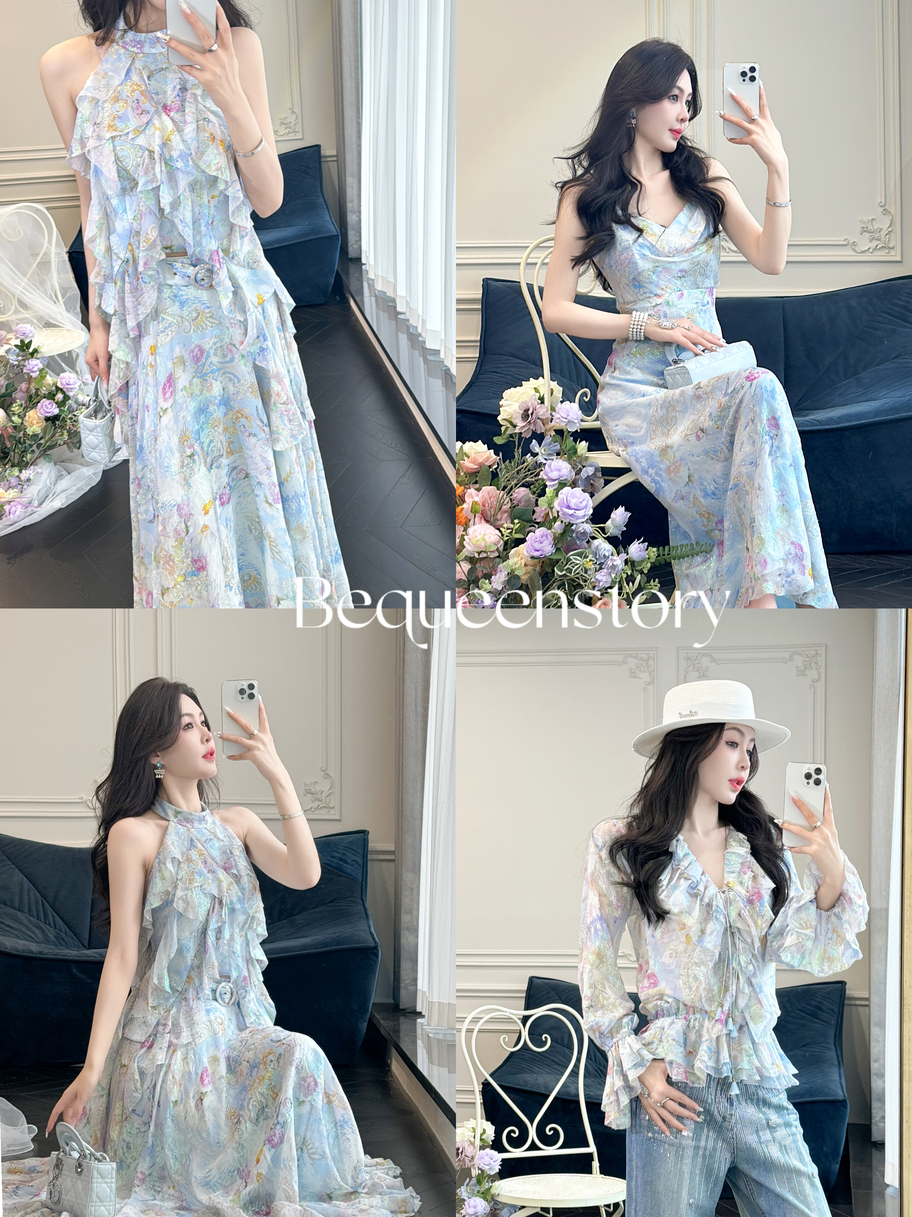 余潇潇【罗马假日】浪漫优雅异域风荷叶边真丝乔其上衣&半裙&吊带裙