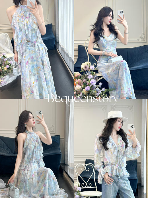 余潇潇【罗马假日】浪漫优雅异域风荷叶边真丝乔其上衣&半裙&吊带裙 商品图0