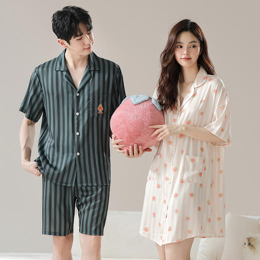【凉感丝滑冰雪丝】自然醒夏日清晨冰雪丝情侣睡衣夏季薄款仿真丝绸短袖男女可外穿家居服JLM 商品图1