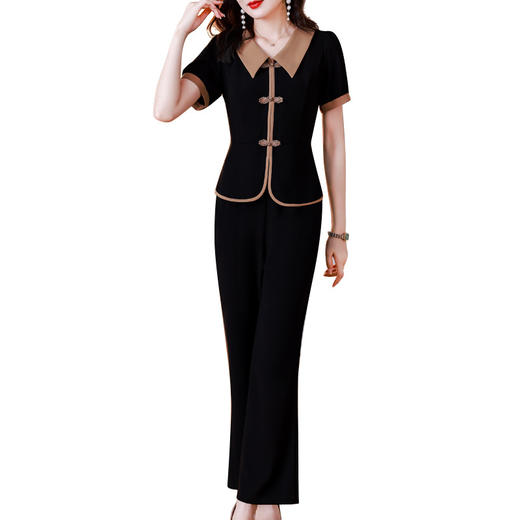NYL-8727国风盘扣套装夏装新中式复古黑色修身显瘦上衣两件套女 商品图4