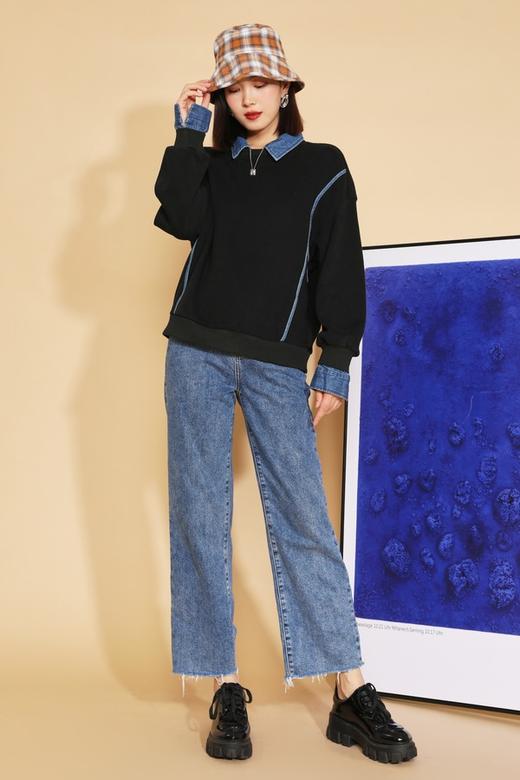 WHO KNOWS 牛仔拼接领假两件式卫衣 14539 商品图1