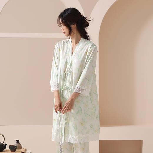 【凉感丝滑冰雪丝】自然醒竹叶笙笙春夏季新款中国风长袍睡衣女士凉感小翻领丝滑家居服睡袍套装JLM 商品图8