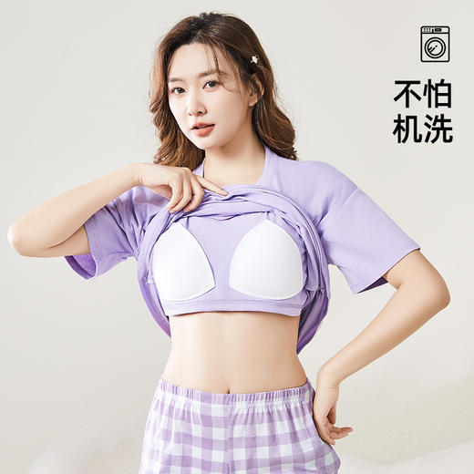 【3件套】熳洁儿 免穿文胸防凸点女士家居服棉质短袖短裤长裤睡衣套装带口袋带胸垫24253208 商品图2
