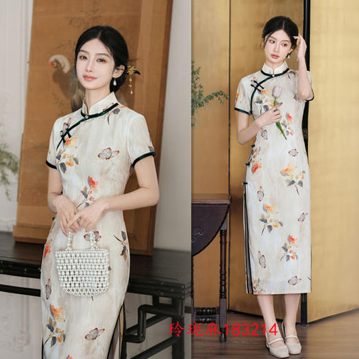 老上海复古国风小宽边长款短袖旗袍2024春夏新款玲珑麻女士旗袍裙 商品图1