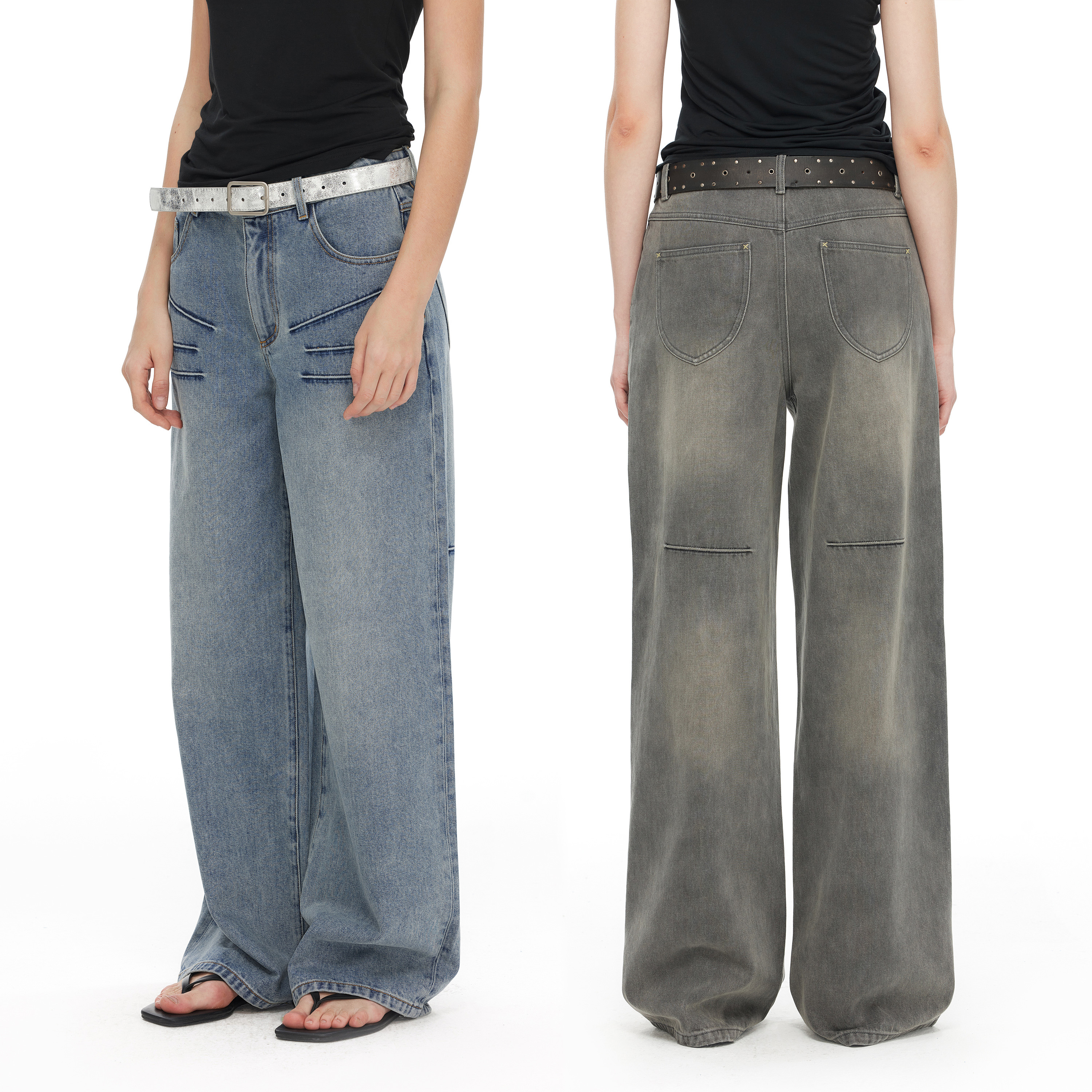 NUTH 立体抓褶设计水洗做旧宽松直筒阔腿牛仔裤