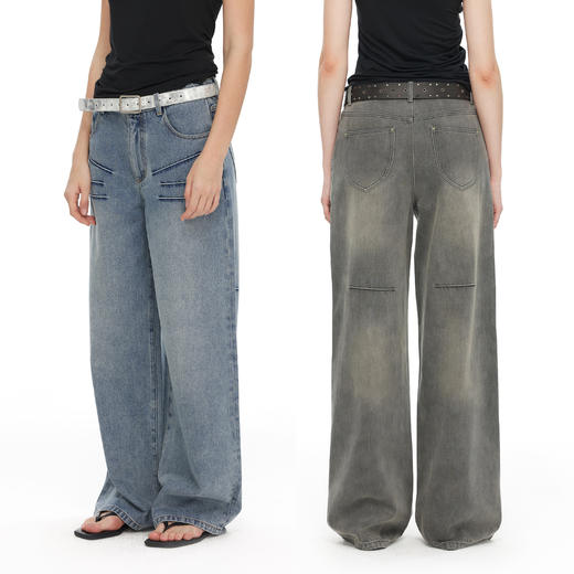 NUTH 立体抓褶设计水洗做旧宽松直筒阔腿牛仔裤 商品图0