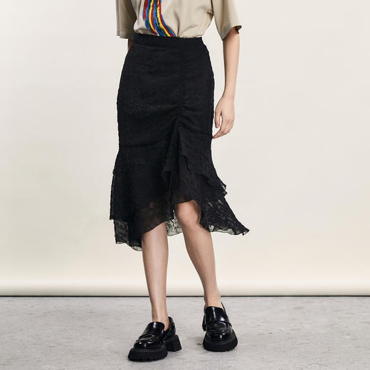 谜底不规则半身裙2024年夏款优雅浪漫双层荷叶边中长裙242MB0542 商品图1