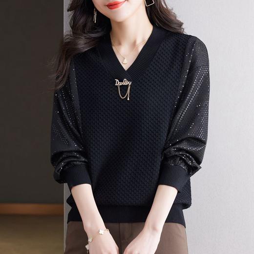 E3983 V领重工亮片长袖拼接上衣女2024年春秋洋气套头宽松针织打底毛衣 商品图3