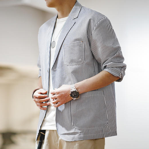 【立体3D肌理 轻量透气】泡泡纱条纹西装外套 商品图4