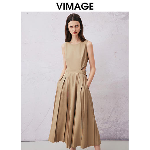 VIMAGE纬漫纪夏季新款时尚无袖百搭显瘦露腰百褶连衣裙V2107738 商品图1