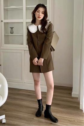 Stay2Weeks 咖啡撞色彼得潘领连衣裙 14533