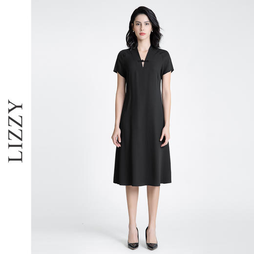 LIZZY 简约新中式国风V领廓版型连肩袖A摆醋酸连衣裙7606 商品图0