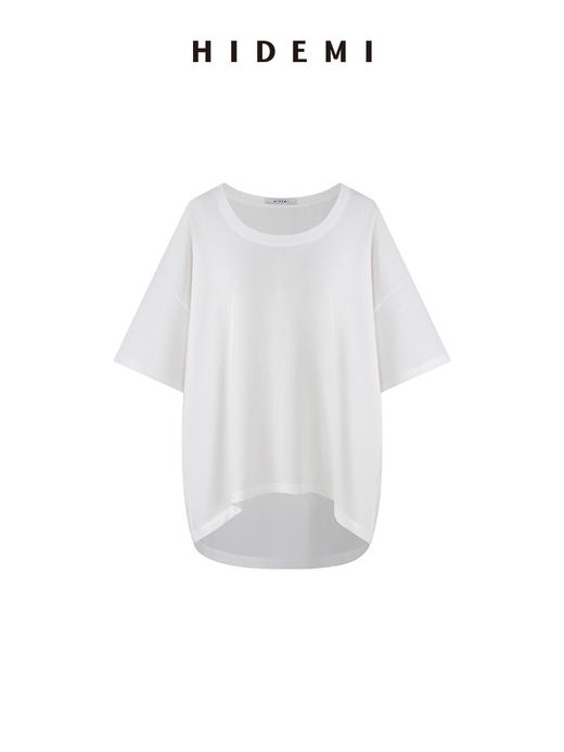 HIDEMI 极简百搭干爽缎面宽松圆领大廓形立体剪裁短袖上衣T恤 商品图7