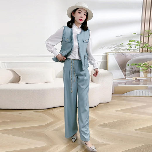 春款短款内搭衬衫+时髦外搭马甲+宽松休闲阔腿裤三件套QYM-XQD-70A2426-L 商品图0