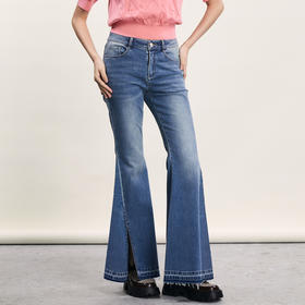 谜底大喇叭裤女2024年夏新品复古高腰修身绣花牛仔长裤242MK0516