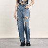 谜底破洞牛仔裤女2024年夏新品复古BF风亲肤透气直筒裤242MK0614 商品缩略图0
