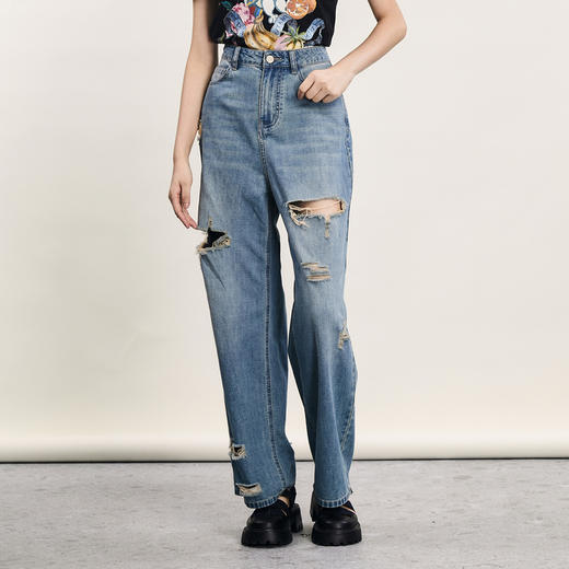 谜底破洞牛仔裤女2024年夏新品复古BF风亲肤透气直筒裤242MK0614 商品图0