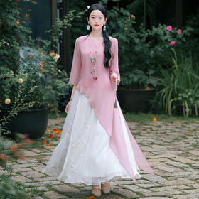 XYDD2150 2024春夏新中式女装国风复古百搭圆领不对称衬衫上衣提花裙两件套