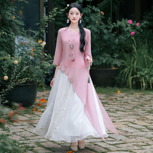 XYDD2150 2024春夏新中式女装国风复古百搭圆领不对称衬衫上衣提花裙两件套 商品图0