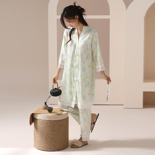 【凉感丝滑冰雪丝】自然醒竹叶笙笙春夏季新款中国风长袍睡衣女士凉感小翻领丝滑家居服睡袍套装JLM 商品图5