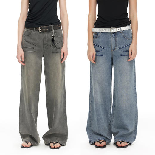 NUTH 立体抓褶设计水洗做旧宽松直筒阔腿牛仔裤 商品图1