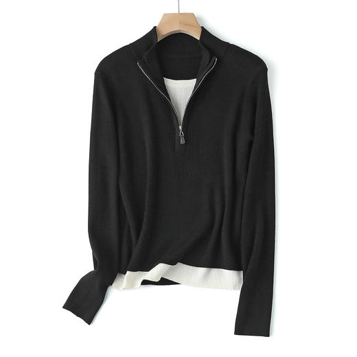 半拉链立领打底假两件针织衫 松弛氛围感撞色设计 百搭实穿 双层下摆 一件GET叠穿效果 视觉层次丰富 商品图8