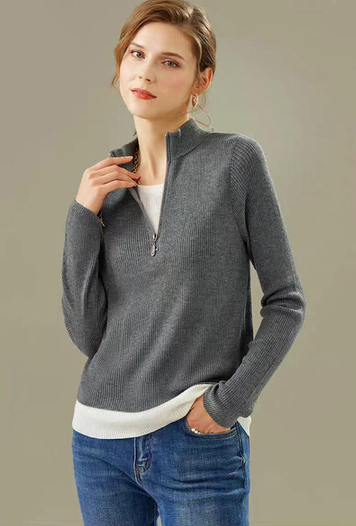 半拉链立领打底假两件针织衫 松弛氛围感撞色设计 百搭实穿 双层下摆 一件GET叠穿效果 视觉层次丰富 商品图3