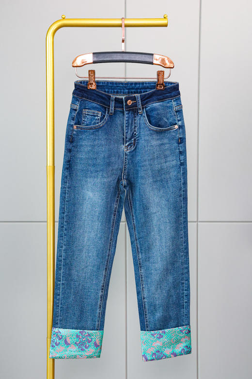 中式提花翻边牛仔裤 商品图5