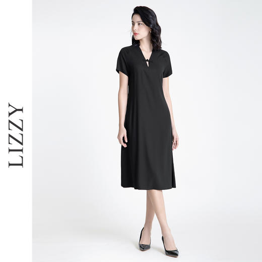 LIZZY 简约新中式国风V领廓版型连肩袖A摆醋酸连衣裙7606 商品图1