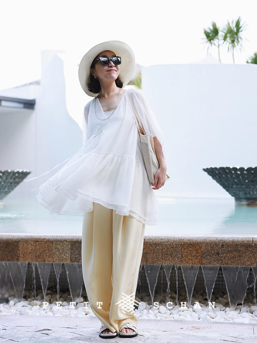 PETIT SCHAN小闪   CLO#261  Yellow Mimosa 黄色含羞草 桑蚕丝混纺压褶设计微锥廓形直筒裤 商品图2