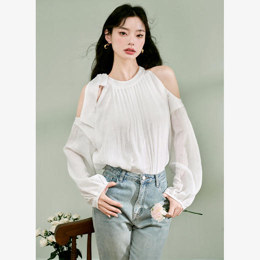 西遇法式挂脖白衬衫女新款高级感小众露肩宽松长袖上衣10031953 商品图0