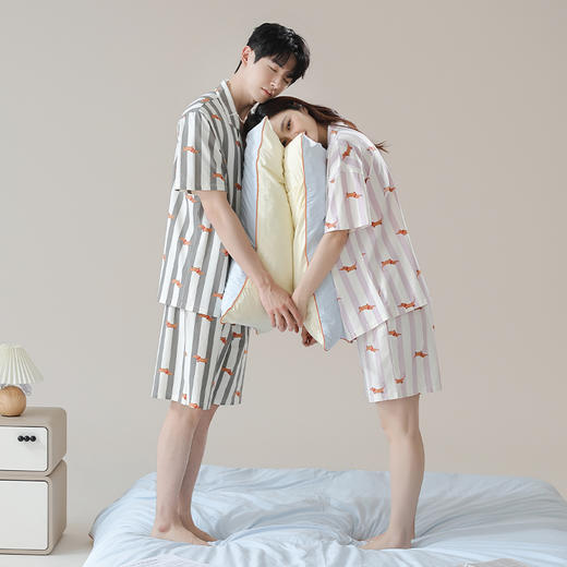 【抗菌新疆棉】自然醒甜蜜周末棉质条纹夏季睡衣情侣A类纯棉家居服男女士凉感短袖开衫款套装JLM 商品图5