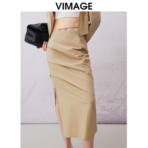VIMAGE纬漫纪春夏新款休闲简约纯色高腰半身裙中裙V2106717 商品图3