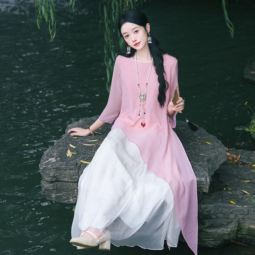 XYDD2150 2024春夏新中式女装国风复古百搭圆领不对称衬衫上衣提花裙两件套 商品图1