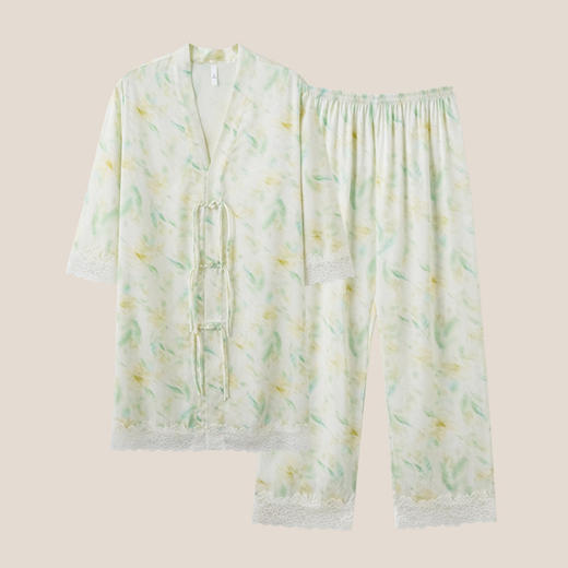 【凉感丝滑冰雪丝】自然醒竹叶笙笙春夏季新款中国风长袍睡衣女士凉感小翻领丝滑家居服睡袍套装JLM 商品图13