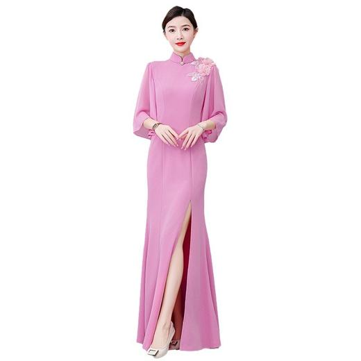 XYQE9310 2024新款民族风拼接走秀长款旗袍裙中国风气质显瘦飘逸舞台演出服 商品图4