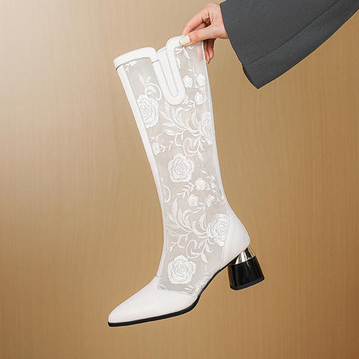 【预售5天】春季新款，刺绣网纱透气拼接民族风粗跟长靴JJ-224-3 商品图5