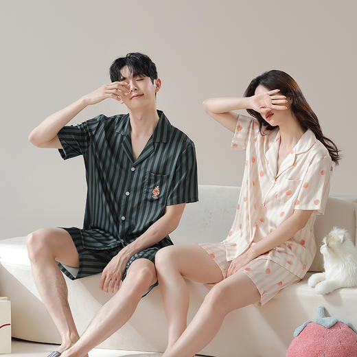 【凉感丝滑冰雪丝】自然醒夏日清晨冰雪丝情侣睡衣夏季薄款仿真丝绸短袖男女可外穿家居服JLM 商品图4