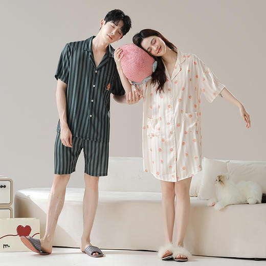 【凉感丝滑冰雪丝】自然醒夏日清晨冰雪丝情侣睡衣夏季薄款仿真丝绸短袖男女可外穿家居服JLM 商品图2