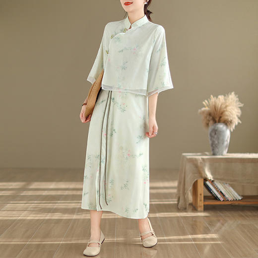 夏季新款，国风印花改良旗袍上衣+半身裙新中式汉服裙两件套装SJ-6632 商品图1