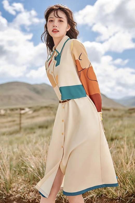 MEETLADY/米莱达 复古港风手绘涂鸦拼接连衣裙 14728【不含腰带】 商品图4