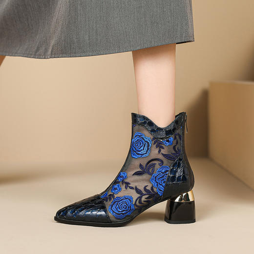 【预售5天】春夏新款，民族风刺绣网纱拼接真皮尖头短靴JJ-224-1 商品图6